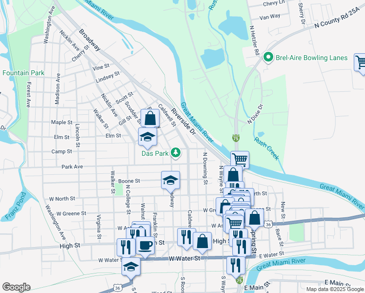 map of restaurants, bars, coffee shops, grocery stores, and more near 902 Caldwell Street in Piqua