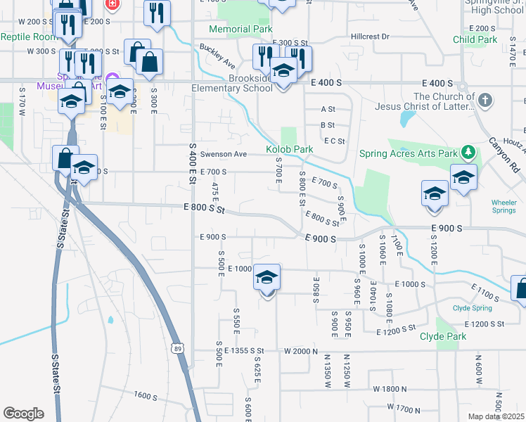 map of restaurants, bars, coffee shops, grocery stores, and more near 649 East 800 South Street in Springville