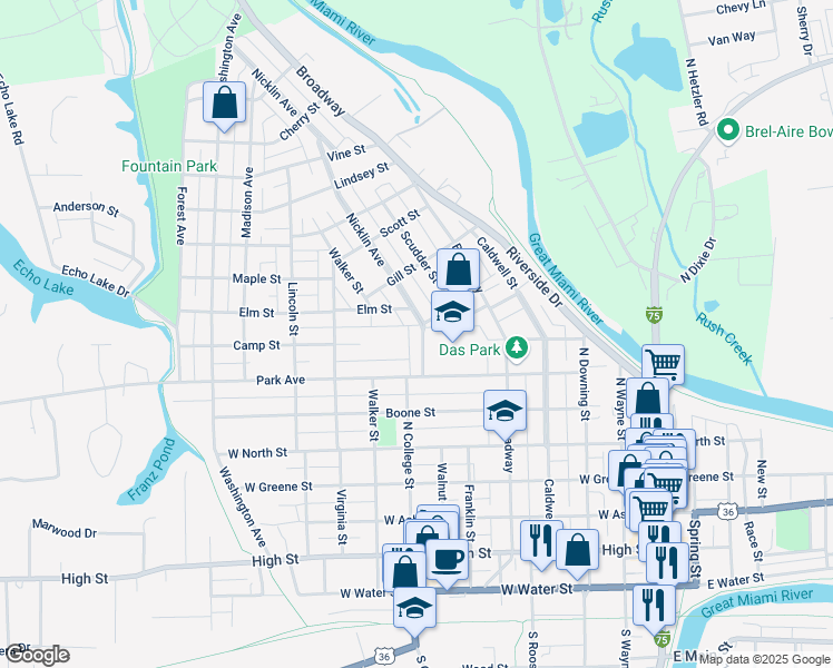 map of restaurants, bars, coffee shops, grocery stores, and more near 826 Nicklin Avenue in Piqua