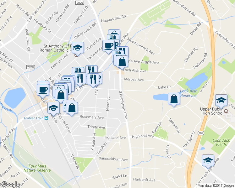 map of restaurants, bars, coffee shops, grocery stores, and more near 108 South Bethlehem Pike in Ambler