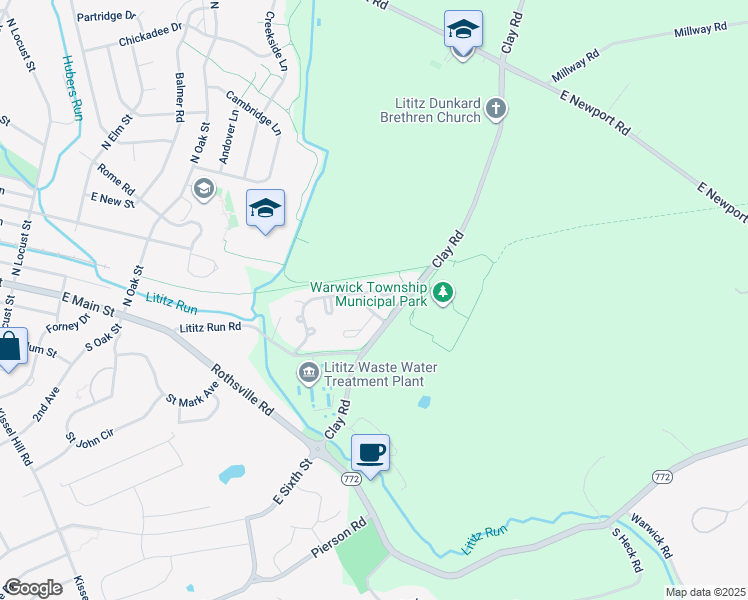 map of restaurants, bars, coffee shops, grocery stores, and more near 72 Pebble Creek Drive in Lititz