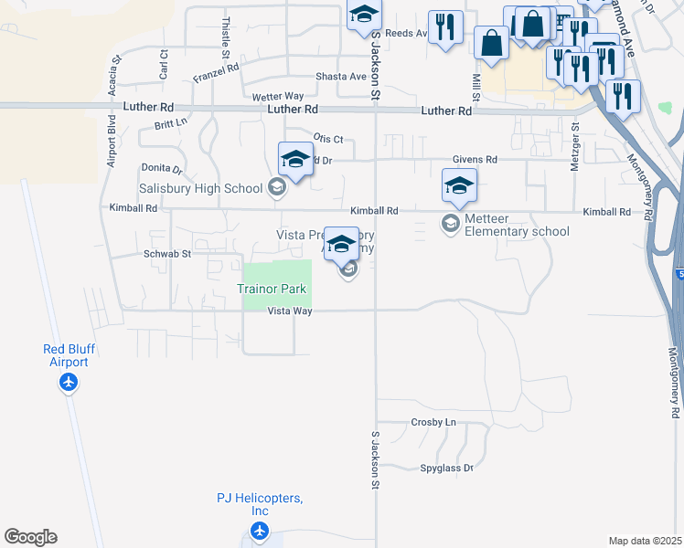 map of restaurants, bars, coffee shops, grocery stores, and more near 1770 South Jackson Street in Red Bluff