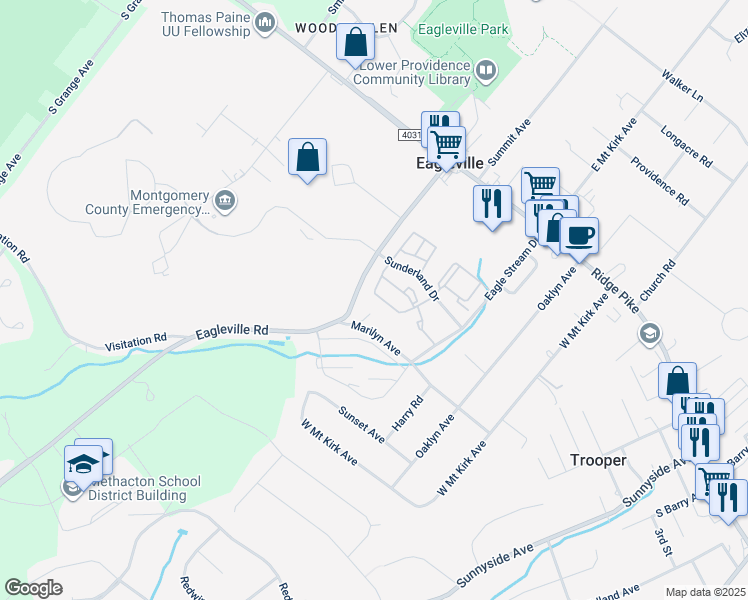 map of restaurants, bars, coffee shops, grocery stores, and more near 1096 Bayless Place in Norristown
