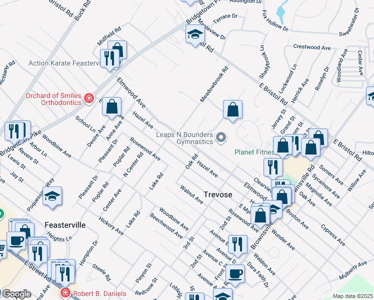 map of restaurants, bars, coffee shops, grocery stores, and more near 354 Hazel Avenue in Trevose