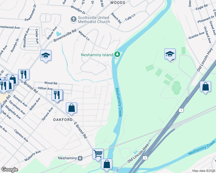 map of restaurants, bars, coffee shops, grocery stores, and more near 2079 Woodchuck Lane in Feasterville-Trevose