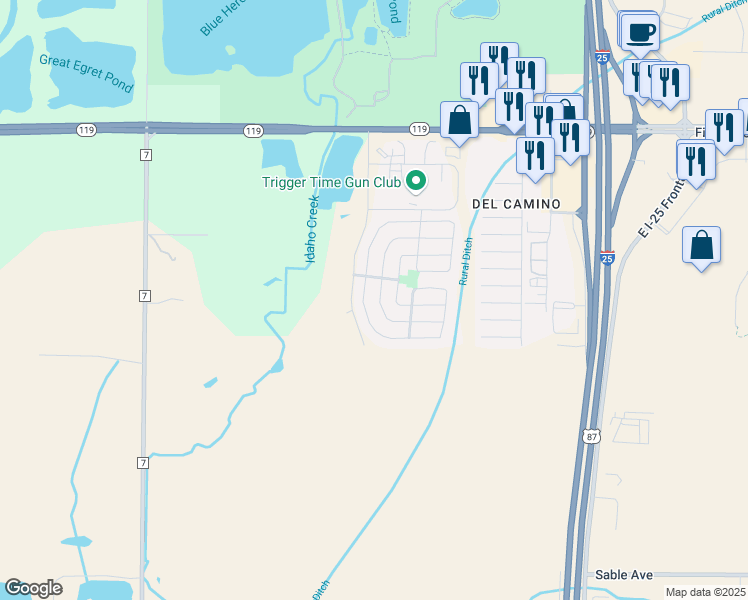 map of restaurants, bars, coffee shops, grocery stores, and more near 10589 Durango Place in Longmont