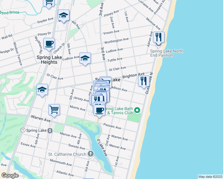 map of restaurants, bars, coffee shops, grocery stores, and more near 209 Madison Avenue in Spring Lake