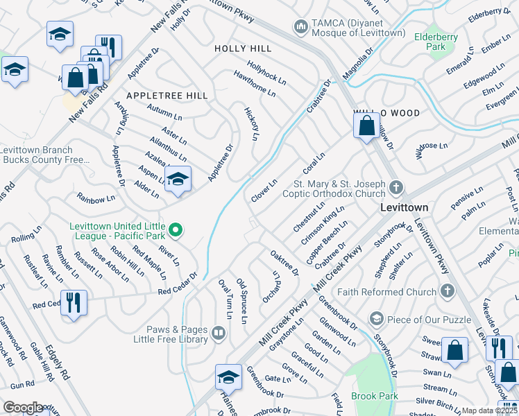 map of restaurants, bars, coffee shops, grocery stores, and more near 7 Coral Lane in Levittown