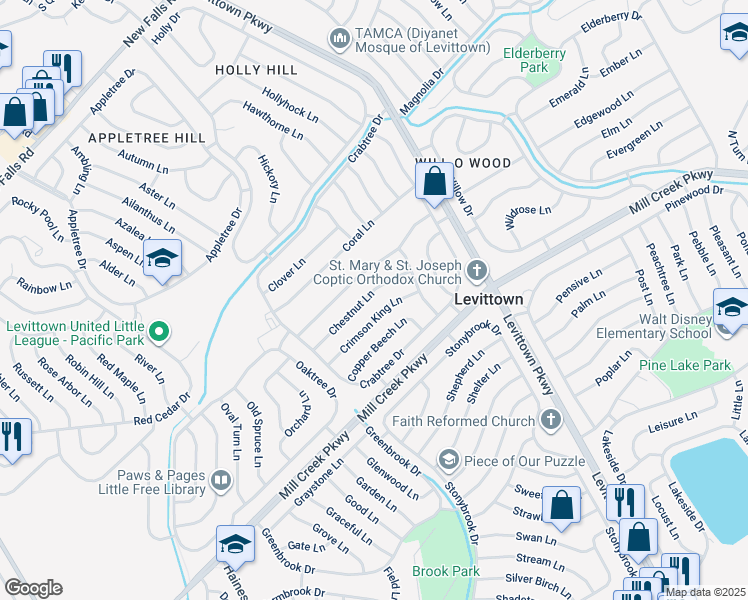 map of restaurants, bars, coffee shops, grocery stores, and more near 46 Chestnut Lane in Levittown