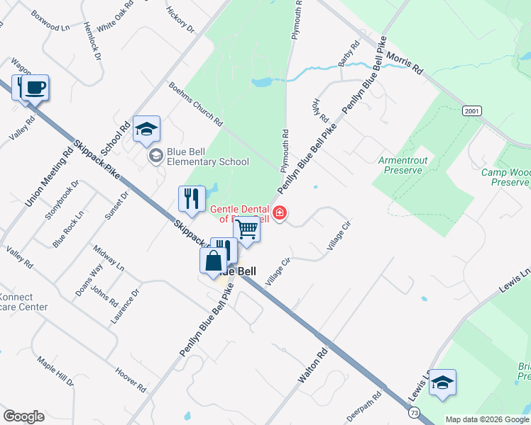 map of restaurants, bars, coffee shops, grocery stores, and more near 599 Village Circle in Blue Bell