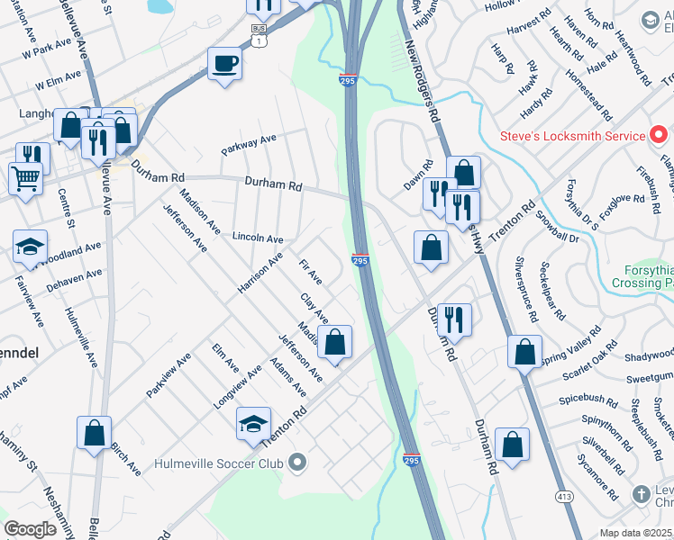 map of restaurants, bars, coffee shops, grocery stores, and more near 66 Flame Drive in Langhorne