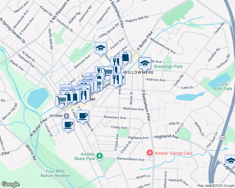 map of restaurants, bars, coffee shops, grocery stores, and more near 100 East Park Avenue in Ambler