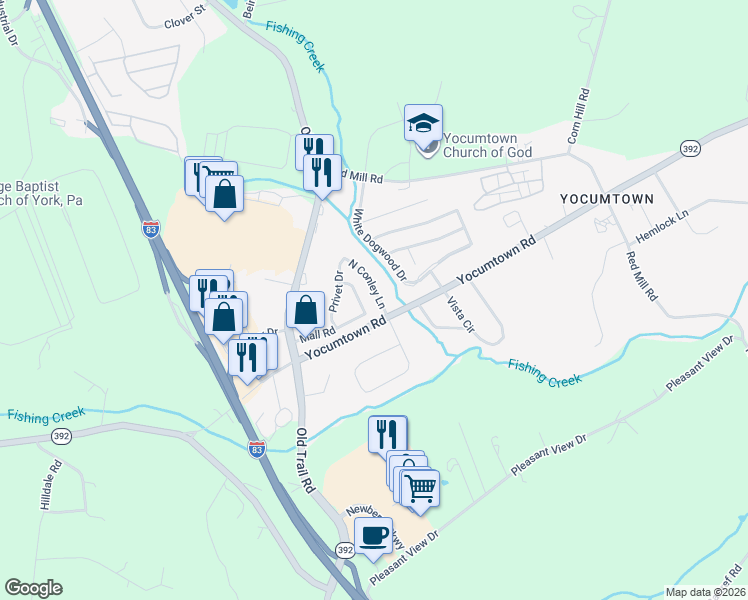 map of restaurants, bars, coffee shops, grocery stores, and more near 1 North Conley Lane in Valley Green