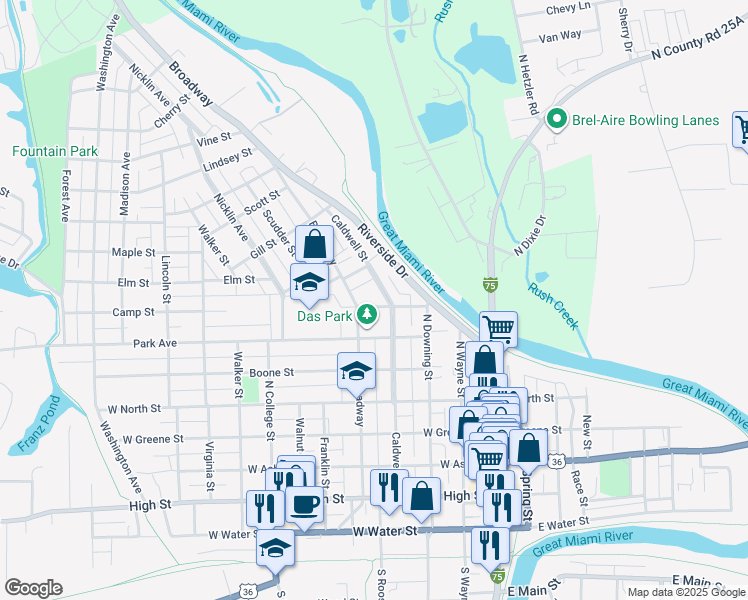 map of restaurants, bars, coffee shops, grocery stores, and more near 902 Caldwell Street in Piqua
