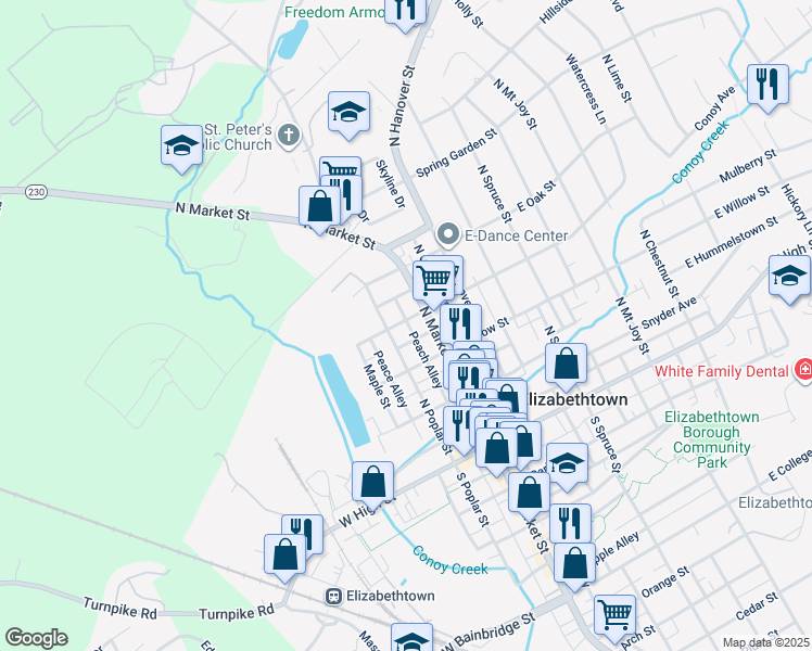 map of restaurants, bars, coffee shops, grocery stores, and more near 30 West Summit Street in Elizabethtown