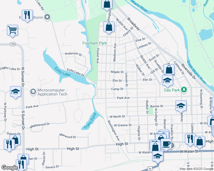 map of restaurants, bars, coffee shops, grocery stores, and more near 911 Washington Avenue in Piqua