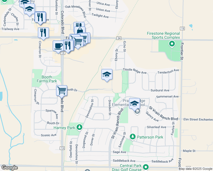 map of restaurants, bars, coffee shops, grocery stores, and more near 6201 Booth Drive in Firestone