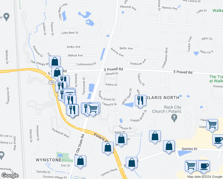 map of restaurants, bars, coffee shops, grocery stores, and more near 912 Woodmeadow Way in Columbus