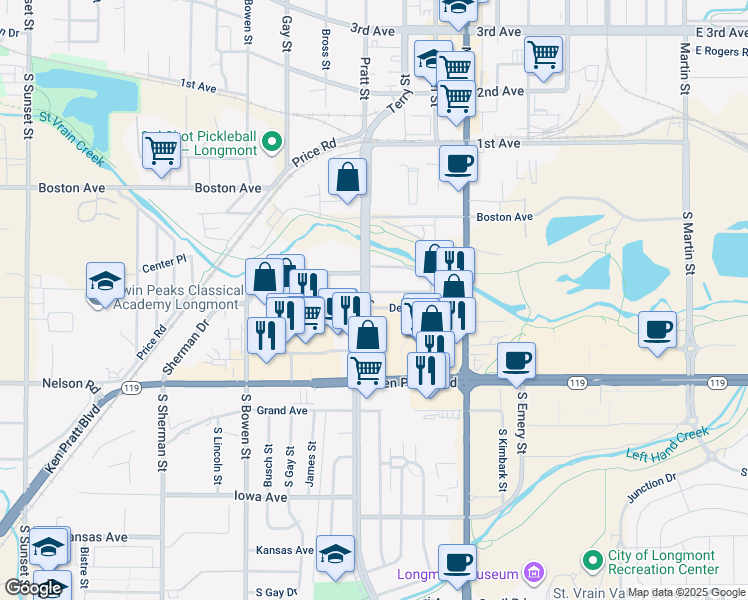 map of restaurants, bars, coffee shops, grocery stores, and more near 390 South Pratt Parkway in Longmont