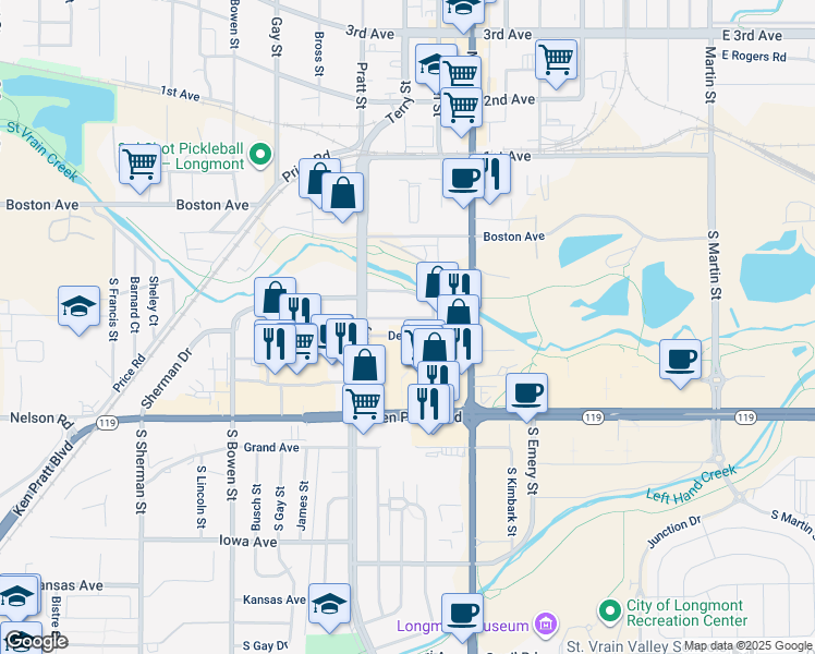 map of restaurants, bars, coffee shops, grocery stores, and more near 720 Delaware Avenue in Longmont