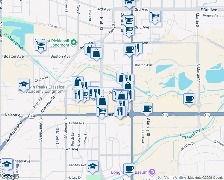 map of restaurants, bars, coffee shops, grocery stores, and more near 720 Delaware Avenue in Longmont
