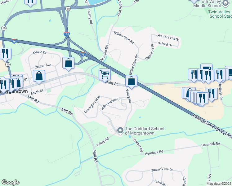 map of restaurants, bars, coffee shops, grocery stores, and more near 303 Lexington Way in Morgantown