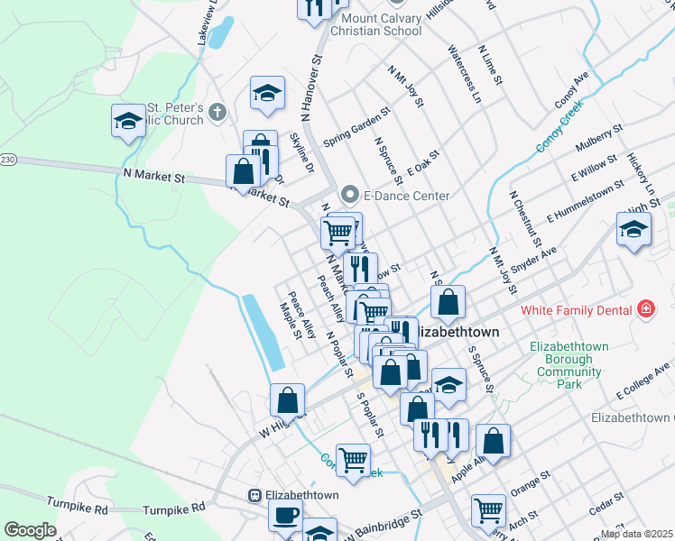 map of restaurants, bars, coffee shops, grocery stores, and more near 231 North Market Street in Elizabethtown