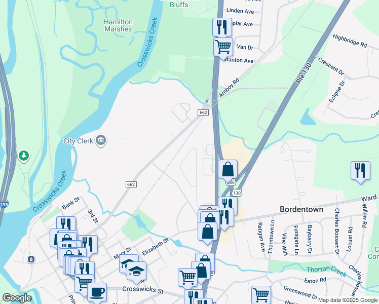 map of restaurants, bars, coffee shops, grocery stores, and more near 102 Landon Drive in Bordentown