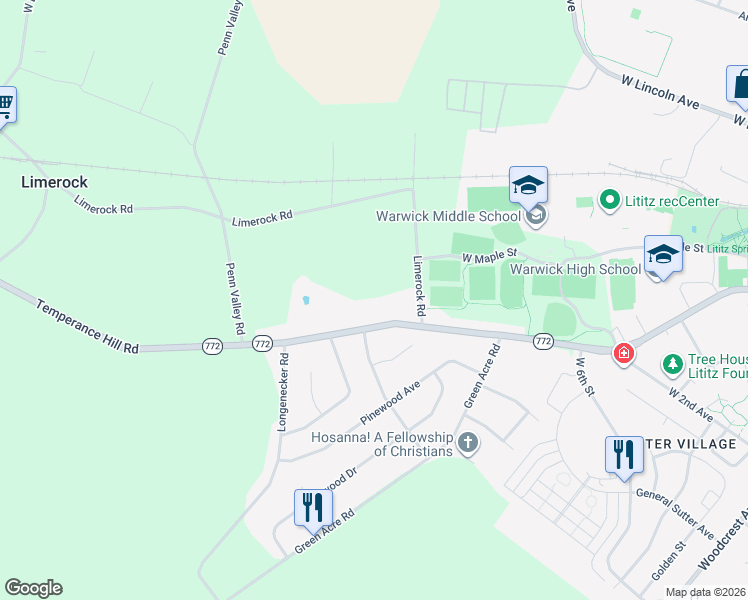 map of restaurants, bars, coffee shops, grocery stores, and more near 619 West Orange Street in Lititz