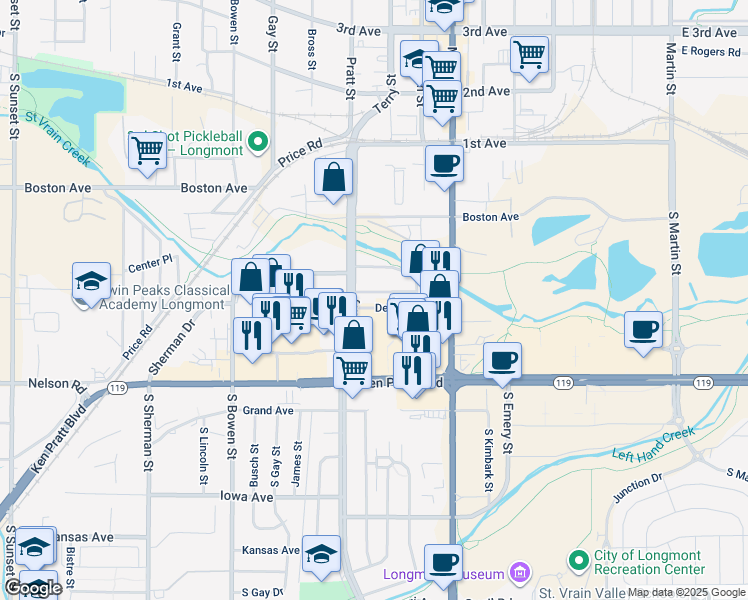 map of restaurants, bars, coffee shops, grocery stores, and more near 808 Delaware Avenue in Longmont
