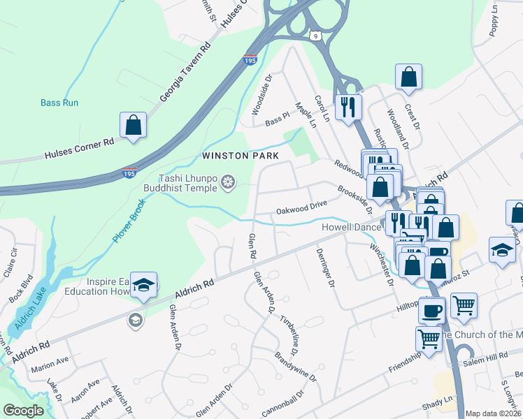 map of restaurants, bars, coffee shops, grocery stores, and more near 30 Oak Wood Drive in Howell Township