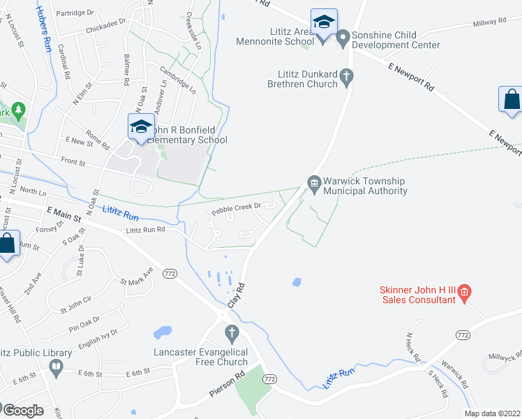 map of restaurants, bars, coffee shops, grocery stores, and more near 72 Pebble Creek Drive in Lititz