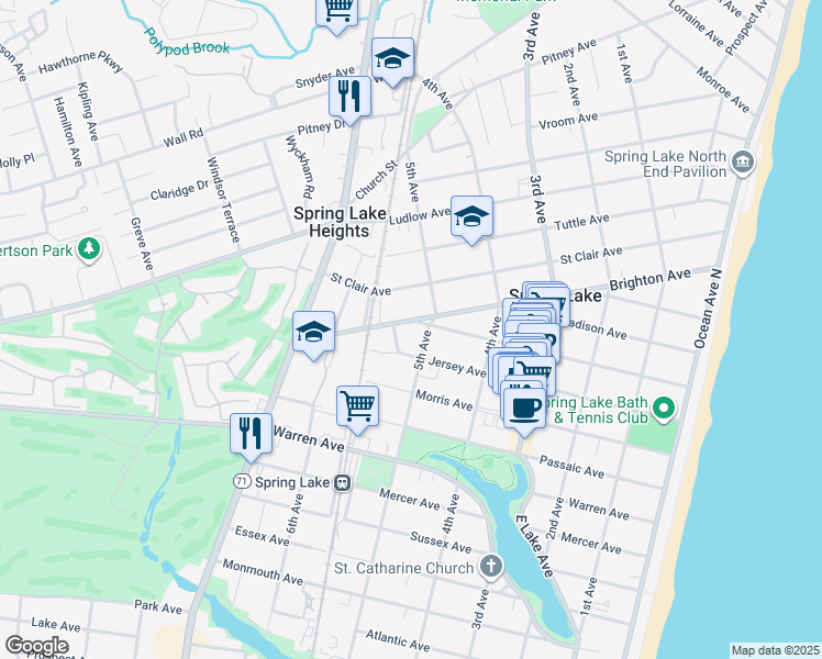 map of restaurants, bars, coffee shops, grocery stores, and more near 501 Washington Avenue in Spring Lake