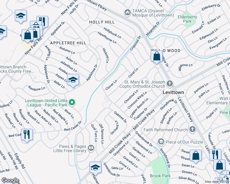 map of restaurants, bars, coffee shops, grocery stores, and more near 18 Coral Lane in Levittown