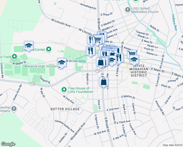 map of restaurants, bars, coffee shops, grocery stores, and more near 108 South Spruce Street in Lititz