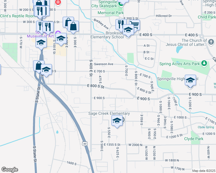 map of restaurants, bars, coffee shops, grocery stores, and more near 629 East 800 South Street in Springville