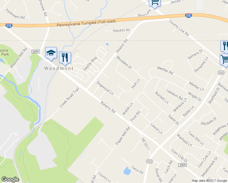 map of restaurants, bars, coffee shops, grocery stores, and more near 1413 Dogwood Lane in Montgomery County