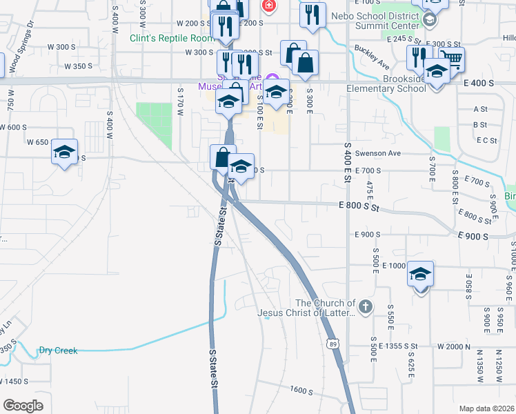 map of restaurants, bars, coffee shops, grocery stores, and more near 98 East 800 South Street in Springville