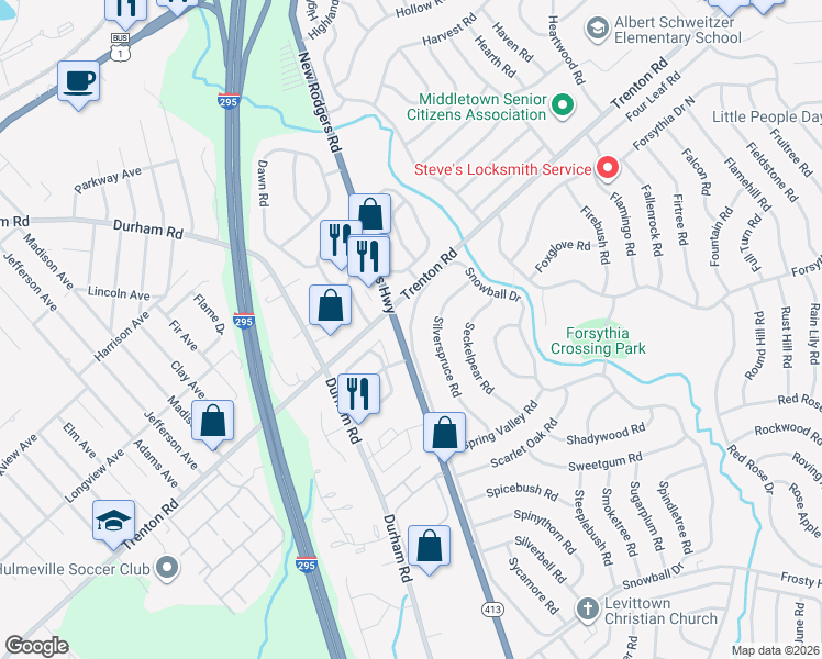 map of restaurants, bars, coffee shops, grocery stores, and more near 311 Snowball Drive in Levittown