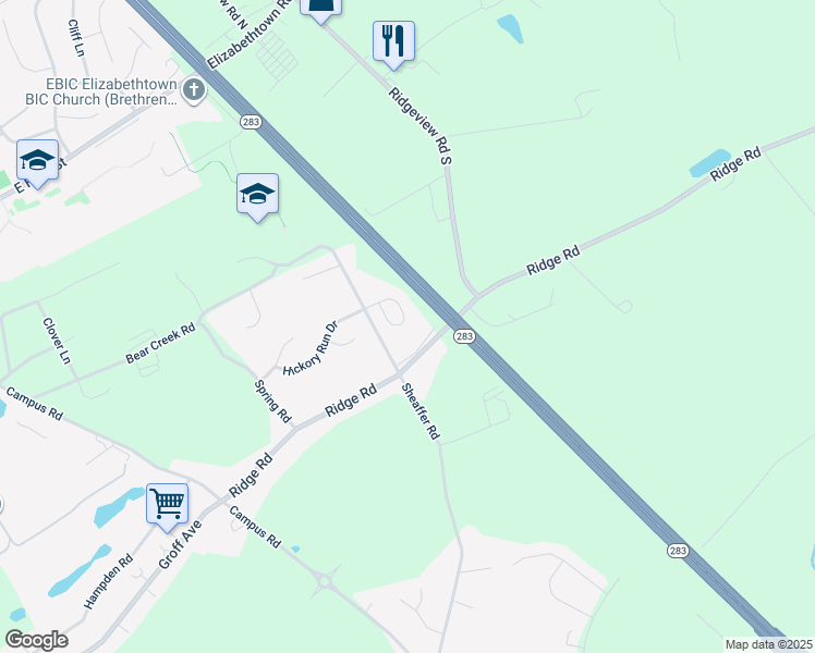 map of restaurants, bars, coffee shops, grocery stores, and more near 1553 Hickory Run Court in Elizabethtown