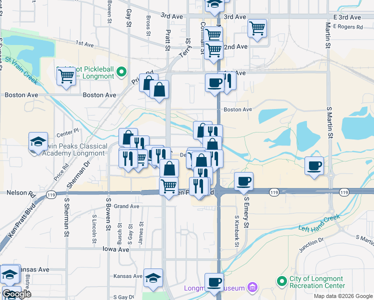 map of restaurants, bars, coffee shops, grocery stores, and more near 720 Delaware Avenue in Longmont