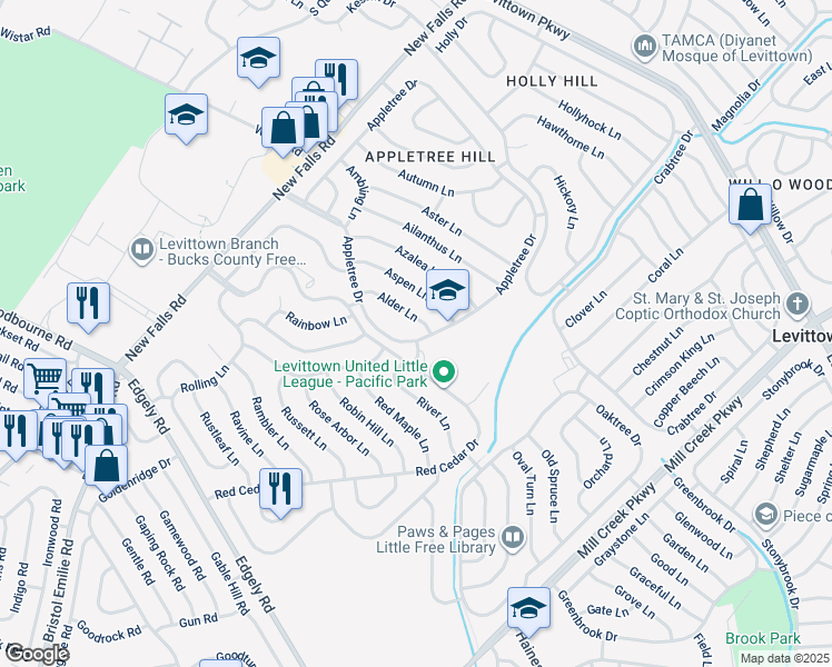 map of restaurants, bars, coffee shops, grocery stores, and more near 109 Appletree Drive in Levittown