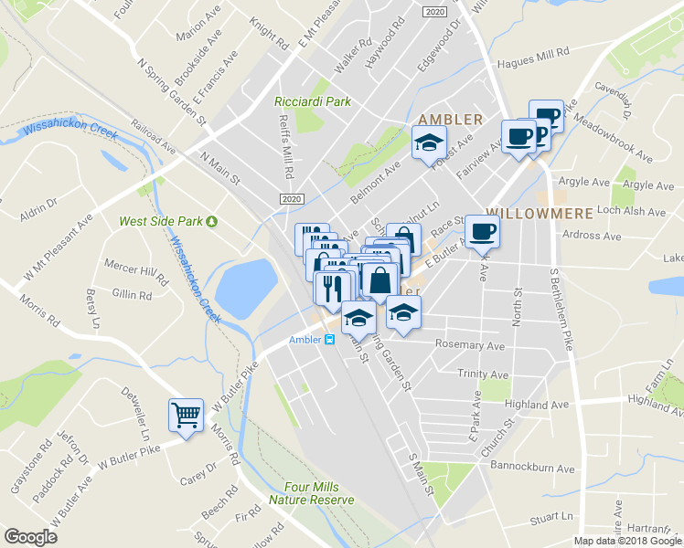 map of restaurants, bars, coffee shops, grocery stores, and more near 24 Walnut Street in Ambler