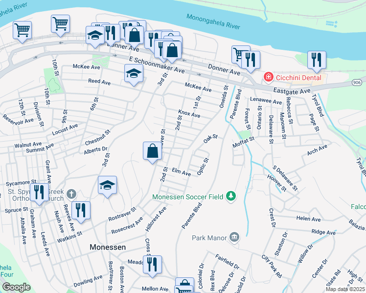 map of restaurants, bars, coffee shops, grocery stores, and more near 8 Luce Avenue in Monessen