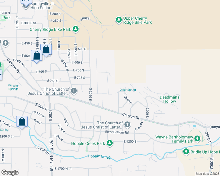 map of restaurants, bars, coffee shops, grocery stores, and more near 2290 East 850 South in Springville