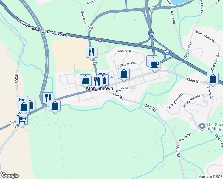map of restaurants, bars, coffee shops, grocery stores, and more near 3216R West Main Street in Morgantown