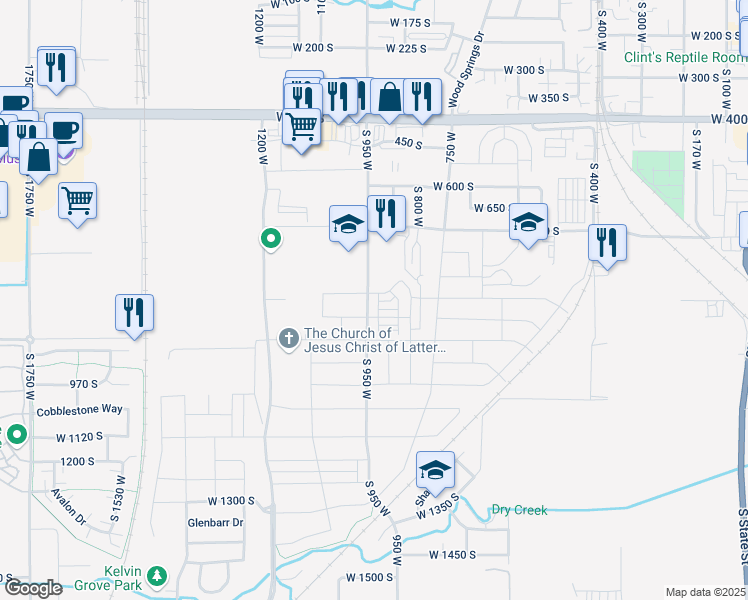 map of restaurants, bars, coffee shops, grocery stores, and more near 811 South 950 West in Springville