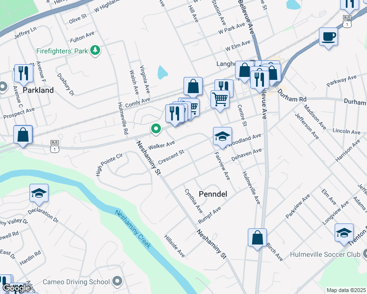 map of restaurants, bars, coffee shops, grocery stores, and more near 410 Crescent Street in Penndel