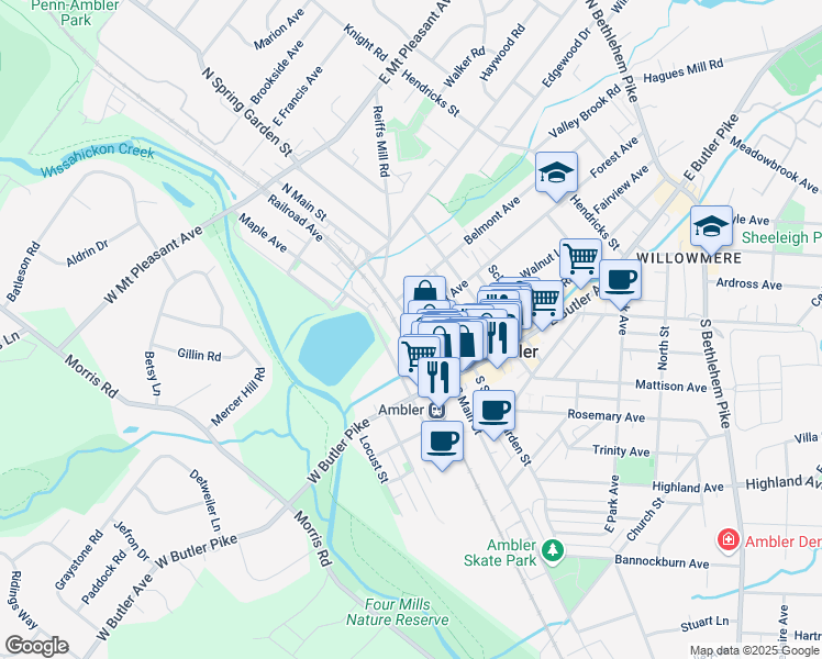 map of restaurants, bars, coffee shops, grocery stores, and more near 55 North Main Street in Maple Glen
