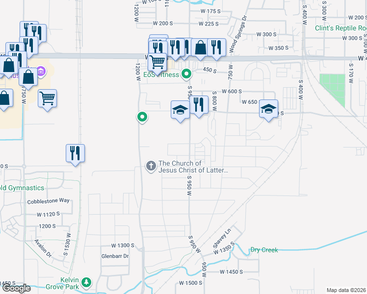 map of restaurants, bars, coffee shops, grocery stores, and more near 962 West 850 South in Springville